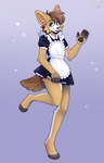 anthro clothed clothing crossdressing feet femboy gesture hair looking_at_viewer maid_apron maid_uniform male open_mouth simple_background smile smiling_at_viewer solo standing tail teeth tiptoes toes uniform wave waving waving_at_viewer fleurfurr scott_(corgipudding) canid canine canis domestic_dog herding_dog mammal pastoral_dog welsh_corgi hi_res shaded