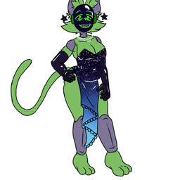 anthro black_clothing black_dress blue_clothing blue_dress clothing dress ear_piercing ear_ring female fur gloves green_body green_fur handwear latex latex_clothing latex_gloves latex_handwear machine piercing ring_piercing smug smug_face smug_grin solo star_ear_piercing wallkisser cofi_(wallkisser) protogen 1:1