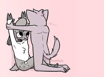 against_surface against_wall ambiguous_gender anthro bent_leg bodily_fluids claws distressed duo floppy_ears forced fur gradient_background grey_body grey_fur growling head_tuft hoof_hands hooves kneeling kneeling_over_partner outstretched_arms pinned pinned_to_wall pivoted_ears predator/prey questionable_consent raised_arms raised_tail scut_tail short_tail simple_background sitting sitting_on_ground sweat tail tuft white_body white_fur oatdote dote_(oatdote) canid canine canis deer mammal wolf
