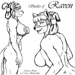 1:1 2009 anthro biceps big_breasts breasts canid canine canis cirrel digital_drawing_(artwork) digital_media_(artwork) eyewear female glasses hair long_hair looking_at_viewer mammal monochrome muscular muscular_anthro muscular_female nude pose raven_hunt simple_background solo teacher white_background wolf