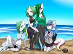 beach black_sclera blue_eyes clothing female fusion gesture green_hair group group_photo hair hair_over_eye hand_gesture kneeling looking_at_viewer not_furry one_eye_obstructed pokemon_fusion pose purple_eyes red_eyes seaside smile summer v_sign ghostth39 nintendo pokemon ruby_(ghostth39) gardevoir generation_3_pokemon generation_7_pokemon humanoid pokemon_(species) salazzle 2023 absurd_res hi_res signature