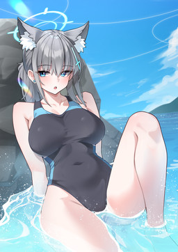 accessory beach big_breasts blue_eyes breasts clothing collarbone ear_piercing ear_stud eyebrow_through_hair eyebrows eyelashes female grey_hair hair hair_accessory halo inner_ear_fluff navel_outline one-piece_swimsuit open_mouth outside piercing rock sitting solo swimwear translucent translucent_hair tuft water akibin_0502 blue_archive shiroko_(blue_archive) animal_humanoid canid canid_humanoid canine canine_humanoid humanoid mammal mammal_humanoid wolf_humanoid 2025 absurd_res hi_res