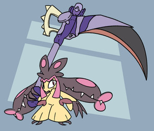 2_toes abstract_background ambiguous_gender bangs biped black_body black_hair black_skin blue_background claws eyelashes feet hair hair_mouth highlights_(coloring) holding_object holding_weapon melee_weapon pink_highlights polearm pseudo_hair scythe sharp_teeth simple_background solo teeth toes weapon yellow_body yellow_skin rainbowcutieo3o nintendo pokemon generation_3_pokemon generation_9_pokemon humanoid hybrid mawile pokemon_(species) tinkaton 2022