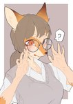 5_fingers anthro blush bodily_fluids breasts brown_body brown_eyes brown_fur brown_hair embarrassed eyebrows eyewear female fingers fur fur_growth glasses growth hair human_to_anthro kemono mid_transformation question_mark red_eyes simple_background solo species_transformation sweat transformation ayabemiso canid canine fox mammal 2021 half-length_portrait hi_res portrait