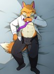 abs anthro eyes_closed lying male mostly_clothed on_back solo 0hou2ryu nhk nhk_news canid canine fox mammal hi_res