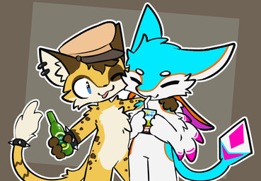 anthro beverage bottle chibi clothing container duo hat headgear headwear one_eye_closed open_mouth open_smile smile holidalo shadoo avali felid feline leopard mammal pantherine hi_res