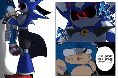 anthro black_nose black_sclera blue_body bottomwear breasts clothing dialogue duo female footwear gloves green_eyes handwear machine male male/female markings metallic_body pointy_ears red_clothing red_eyes red_footwear red_shoes shoes simple_background size_difference skirt socks tan_markings text thought_bubble white_background white_clothing white_gloves white_handwear oninsfw menacing_(meme) sega sonic_the_hedgehog_(series) metal_sonic neo_metal_sonic sonic_the_hedgehog eulipotyphlan hedgehog mammal robot robot_anthro comic english_text hi_res meme