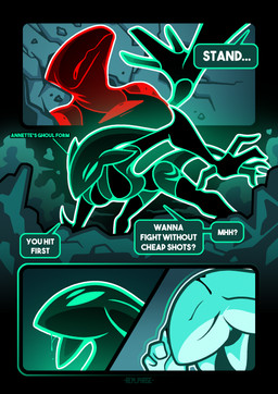 anthro black_clothing black_legwear black_thigh_highs clothing dialogue duo female fight head_tail legwear male red_body shirt shoulder_eye speech_bubble tank_top teal_body text thigh_highs topwear rem_phase annette_(rem_phase) demon fish marine shark 2025 comic english_text hi_res