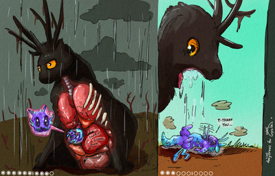 ambiguous_gender antennae_(anatomy) anthro back_tentacles biped blue_body blue_markings blush dipstick_tail dipstick_tentacles endosoma forestomach guts internal intestines larger_pred lung markings organs purple_body raining regurgitation rib_cage safe_vore size_difference spine stomach striped_markings stripes tail tail_markings tentacles vore whiskers conditional_dnp foxyoreos gyrotech rain_world videocult yoku_(gyrotech) rain_deer_(rain_world) slugcat absurd_res hi_res