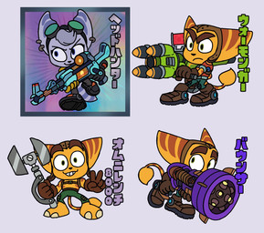 anthro boots bottomwear chibi clothing duo ear_piercing ear_ring eyebrows eyewear eyewear_on_head feet female footwear fur gesture gloves goggles goggles_on_head hand_gesture handwear headgear headwear male pants piercing ring_piercing shoes smile striped_body striped_fur stripes v_sign weapon goodboytown ratchet_and_clank sony_corporation sony_interactive_entertainment ratchet_(ratchet_and_clank) rivet_(ratchet_and_clank) lombax mammal 2024 hi_res