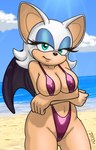 anthro beach bedroom_eyes bikini clothed clothing female looking_at_viewer narrowed_eyes one-piece_swimsuit outside sand sea seaside seductive sling_bikini solo swimwear two-piece_swimsuit water wings zaboom sega sonic_the_hedgehog_(series) rouge_the_bat bat mammal