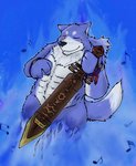 anthro blue_body blue_fur blush eyes_closed fur kemono male muscular muscular_anthro muscular_male solo weapon white_body white_fur snow_utamaru canid canine canis domestic_dog mammal 2011