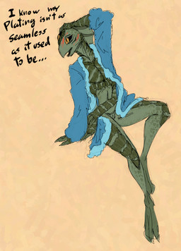 3_eyes 4_arms 4_fingers anthro bathrobe bathrobe_only blush clothed clothing dialogue elderly_female embarrassed featureless_chest feet female fin fingers flat_chested genitals gills hand_on_head head_fin looking_away membrane_(anatomy) multi_arm multi_eye multi_limb navel non-mammal_vulva open_bathrobe open_clothing pupils robe sitting skimpy slim_anthro slim_female slit_pupils solo text toes vulva webbed_feet webbed_hands yellow_eyes soulcentinel stargate selmak alien goa'uld english_text