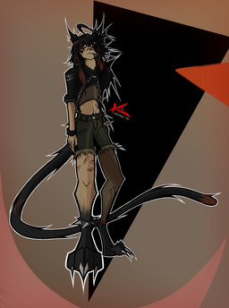 ambiguous_gender animal_ears anklet bottomwear chain claws clothing digitigrade distorted hair heart_(marking) heterochromia jacket jewelry looking_at_viewer markings multi_eye multicolored_hair piercing red_eyes ring scar shorts solo spikes tail tattoo topwear wristband kreiser_vii animal_humanoid humanoid absurd_res hi_res