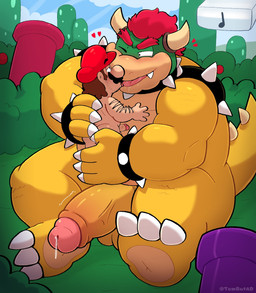 anthro arm_hair armband balls berry big_balls big_penis blush bodily_fluids body_hair bracelet claws clothing cloud collar day dripping drooling duo erection eye_contact eyebrows facial_hair food foreskin fruit genital_fluids genitals glans grass hair hat headgear headwear heart_symbol hug huge_balls huge_penis hugging_another human_on_anthro humanoid_genitalia humanoid_penis interspecies intimate it'll_never_fit jewelry kissing larger_anthro looking_at_another male male/male motion_lines mountain muscular muscular_anthro muscular_male musical_note musical_symbol mustache narrowed_eyes non-mammal_balls nude one_eye_closed outside penis penis_size_difference pipe plant precum precum_drip precum_string saliva shrub sitting size_difference sky smaller_human smile spiked_armband spiked_bracelet spiked_collar spiked_tail spikes spikes_(anatomy) stubble symbol tail teeth thick_penis thick_thighs throbbing throbbing_penis vein veiny_penis yellow_body tombutad mario_bros nintendo bowser mario human koopa mammal scalie 2026 hi_res