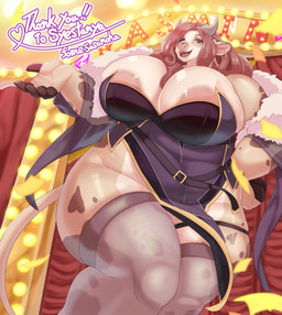 5_fingers anthro areola areola_slip belt big_breasts black_clothing black_dress black_fingers blurred_foreground breasts brown_hair bulging_breasts cleavage clothed clothing curvy_figure dress dutch_angle ear_piercing ear_ring ears_down female female_anthro fingers fur fur_coat glistening glistening_breasts grey_clothing grey_horn grey_legwear hair hand_on_hip heart_(marking) horn huge_breasts inside legwear markings no_bra no_underwear open_mouth overweight overweight_anthro overweight_female piercing pivoted_ears ring_piercing smile solo tail text thank_you thick_thighs thigh_highs voluptuous voluptuous_anthro voluptuous_female white_body white_fur wide_hips sasanoha6011 bovid bovine cattle holstein_friesian_cattle mammal artist_name english_text hi_res