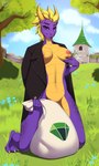 anthro areola bag belly breasts castle clothing crossgender female genitals horn jacket kneeling mtf_crossgender navel nipples non-mammal_nipples outside purple_body solo topwear v3nusbby activision mythology spyro_the_dragon spyro dragon humanoid mythological_creature mythological_scalie scalie absurd_res hi_res