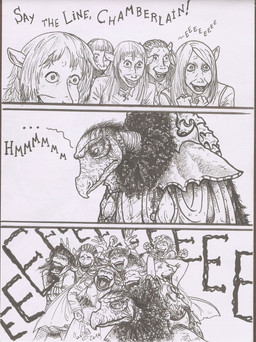 anthro beak cheering elderly fangs gown humor multi_limb renaissance_architecture renaissance_clothing speech_bubble teeth text skekla_(artist) the_dark_crystal skeksil_the_chamberlain alien skeksis comic english_text hi_res herm_(lore)