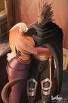 anthro armor big_breasts big_butt breasts butt cloak clothing curvy_figure duo female greaves hair hair_over_eye hand_on_hip hourglass_figure hug hugging_another male side_hug thick_thighs tight_clothing hiverdose last_fables eni_siverets_(last_fables) the_slayer_(last_fables) canid canine canis hare lagomorph leporid mammal wolf hi_res