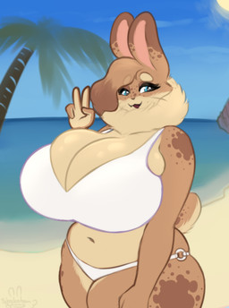 4_fingers anthro bangs beach big_breasts bikini blue_eyes breasts brown_body brown_fur cleavage cleavage_overflow clothed clothing deep_navel detailed_background dewlap_(anatomy) dipstick_ears ear_markings ears_up eyebrow_through_hair eyebrows eyelashes fangs female fingers freckles front_view fur gesture hair hand_gesture huge_breasts markings multicolored_ears navel open_mouth open_smile outside palm_tree plant sand sea seaside slightly_chubby smile solo spots spotted_body standing sun swimwear tan_body tan_fur teeth thick_eyebrows thick_thighs translucent translucent_hair tree two-piece_swimsuit v_sign water whiskers white_bikini white_clothing white_swimwear wide_hips shakotanbunny hazel_(shakotanbunny) domestic_rabbit flemish_giant lagomorph leporid mammal oryctolagus rabbit 2022 signature