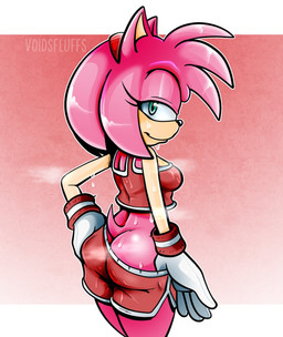 accessory anthro bedroom_eyes bodily_fluids bottomwear bottomwear_pull breasts bubble_butt butt clothing clothing_pull crop_top female gloves green_eyes hair_accessory hairband handwear looking_back musk narrowed_eyes pink_background pink_body seductive shirt shorts shorts_pull simple_background small_breasts smile solo sweat sweaty_butt tail teasing topwear voidsdroids sega sonic_the_hedgehog_(series) amy_rose eulipotyphlan hedgehog mammal hi_res