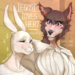 anthro blush clothed clothing duo female purple_eyes smile text musenilla beastars haru_(beastars) juno_(beastars) canid canine canis lagomorph leporid mammal rabbit wolf 1:1 2025 absurd_res english_text hi_res signature
