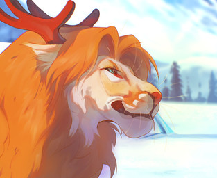 antlers brown_antlers day ears_back feral fur green_eyes horn looking_at_viewer male male_feral mane mouth_closed orange_mane outside pivoted_ears red_nose side_view snow solo tan_body tan_fur whiskers justkiddinb felid lion mammal pantherine hi_res