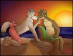 anthro clothed clothing dipstick_ears dipstick_tail duo ear_markings eyes_closed kissing male male/male markings multicolored_ears navel outside sand sea sitting sunset tail tail_markings topless water amixeduppuppy gree_alvord otty canid canine mammal mustelid otter