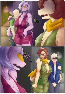 age_difference anthro awkward bald big_breasts blue_clothing blue_eyes blue_jacket blue_topwear blush bone_frill bottomwear bracelet breasts brown_hair clothing curvy_figure date denim denim_bottomwear denim_clothing digit_ring dress ear_piercing ear_ring elderly elderly_anthro elderly_female eyelashes eyewear female female_on_human frill_(anatomy) gem glistening glistening_body glistening_breasts glistening_scales gold_(metal) gold_bracelet gold_jewelry green_clothing green_dress green_jacket green_topwear grey_hair group hair human_on_anthro interspecies jacket jeans jewelry light-skinned_male light_body light_skin long_eyelashes long_tail magenta_dress male male/female male_on_anthro mature_anthro mature_female motion_lines necklace older_female outside pants pearl_(gem) pearl_necklace piercing purple_body purple_scales purse ring ring_piercing scales scarf short_hair side_boob spiked_tail spikes spikes_(anatomy) sunglasses tail tail_around_partner tan_body tan_scales tear_trough thick_thighs topwear voluptuous voluptuous_anthro voluptuous_female wedding_ring wide_hipped_anthro wide_hipped_female wide_hips yellow_eyes yellow_scarf younger_male frederickjdr cavemanon_studios goodbye_volcano_high i_wani_hug_that_gator ko_op_(game_developer) snoot_game anon_(snoot_game) inco_(iwhtg) mrs._roberts_(gvh) principal_scaler ceratosaurid ceratosaurus dinosaur human mammal oviraptor oviraptorid oviraptorosaur prehistoric_species reptile saurischian scalie theropod 2026 absurd_res comic digital_drawing_(artwork) digital_media_(artwork) hi_res