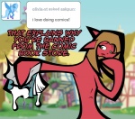 anthro bodily_fluids cum female fur genital_fluids humor pun red_body red_fur solo tomol6 ask_pun hasbro my_little_pony tumblr fan_character pun_pony earth_pony equid equine horse mammal pony