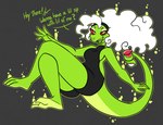 accessory alcohol anthro beverage black_clothing breasts clothing cocktail curly_hair dialogue female green_body green_tongue hair hair_accessory hairband holding_beverage holding_object holding_object_with_tail long_hair long_tail looking_at_viewer markings mole_(marking) red_sclera sharp_teeth side_boob smile solo tail talking_to_viewer teeth tongue white_hair yellow_eyes nerdyreindeer alien scalie