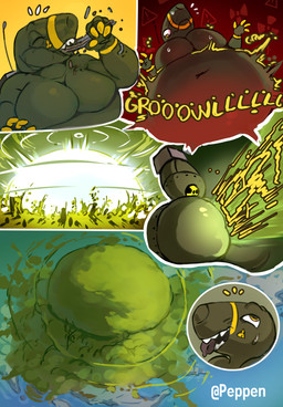 anthro belly big_butt bodily_fluids butt cloud destruction eating fart fart_fetish glowing hazard_symbol hyper hyper_fart male moobs mushroom_cloud navel nervous nervous_smile nuclear_bomb overweight radiation_symbol rumbling_stomach solo sweat symbol peppen_draws firestorm_(raptormocha) nukite absurd_res comic hi_res