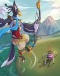 ambiguous_gender anthro archery arrow_(weapon) beak bomb bow_(weapon) castle cloud explosives fight flying forest great_eagle_bow looking_down male mountain open_beak open_mouth plant ranged_weapon river smile tree weapon arijuno breath_of_the_wild nintendo the_legend_of_zelda revali avian guardian_(tloz) guardian_stalker rito hi_res