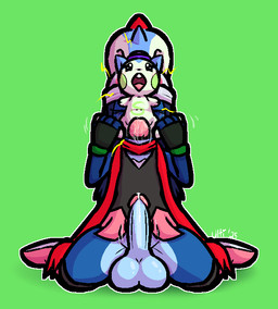 anthro anthro_on_anthro balls black_clothing black_eyes black_shirt black_topwear blue_balls blue_body blue_fur blue_hair blue_penis blue_scales blush bodily_fluids bottomwear buckteeth carrying_another clothing erection eyes_closed female fingerless_gloves fur genital_fluids genitals glans gloves green_background green_body green_cheeks green_clothing green_fur green_gloves green_handwear hair handwear hat headgear headwear humanoid_genitalia humanoid_penis interspecies kneeling larger_anthro larger_male leg_grab male male/female open_mouth penis pink_bottomwear pink_clothing pink_glans pink_skirt precum red_scarf scales scarf shirt simple_background size_difference skirt smaller_anthro smaller_female spiked_tail spikes spikes_(anatomy) tail teeth topwear white_body white_clothing white_fur white_hat white_headwear ultilix nintendo pokemon ulti_(ultilix) generation_4_pokemon lizard pachirisu pokemon_(species) reptile scalie 2025