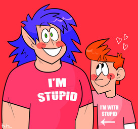 bangs black_eyebrows black_eyes blue_hair blush blush_lines closed_smile clothed clothed_human clothed_humanoid clothed_male clothing couple_shirt directional_arrow duo eyebrow_through_hair eyebrows freckled_face freckles green_eyes hair happy heart_symbol humanoid_pointy_ears infatuation larger_humanoid larger_male light long_hair looking_up_at_partner male male/male male_human male_humanoid mouth_closed no_pupils not_furry open_mouth open_smile orange_eyebrows orange_hair pink_clothing pink_shirt pink_topwear pointy_ears pointy_nose red_background shirt short_hair simple_background size_difference smaller_human smaller_male smile smiling_at_another smiling_at_partner smiling_at_viewer tan_body tan_skin text text_on_t-shirt topwear translucent translucent_hair white_mouth pigero i'm_with_stupid kappa_mikey gonard_(kappa_mikey) mikey_simon human humanoid mammal 2020 cel_shading colored digital_drawing_(artwork) digital_media_(artwork) english_description english_text hi_res lighting shaded signature