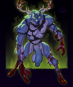 anthro antlers balls big_penis biped blood blue_nose bodily_fluids clothing furry_balls genitals holidays hooves horn huge_penis logo male mostly_nude muscular muscular_anthro muscular_male penis pubes solo text torn_clothing vein veiny_penis boosterpang american_mythology halloween indigenous_north_american_mythology mythology north_american_mythology deer mammal wendigo 2025 artist_logo english_text hi_res japanese_text