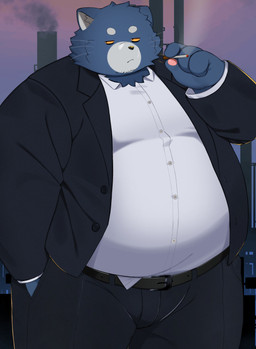 4_fingers anthro belly big_belly biped black_nose bottomwear clothing fingers fur humanoid_hands kemono male outside overweight overweight_male pants shirt smoking solo standing topwear white_body white_fur trail_arnak domestic_cat felid feline felis mammal 2026 absurd_res hi_res