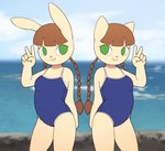 anthro braided_hair brown_hair clothing duo female flat_chested green_eyes hair one-piece_swimsuit smile swimwear young young_anthro pururing bemani konami pop'n_music mimi_(pop'n_music) nyami_(pop'n_music) felid feline lagomorph mammal hi_res sibling_(lore) sister_(lore) sisters_(lore) twins_(lore)