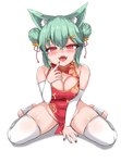 asian_clothing blush breasts chinese_clothing chinese_dress cleavage clothed clothing collar dress east_asian_clothing female green_hair hair kneeling legwear open_mouth red_eyes sharp_teeth solo teeth thigh_highs kim_wang_jyang animal_humanoid humanoid absurd_res hi_res