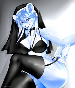 anthro black_bra black_clothing black_legwear black_lingerie black_underwear blue_body blue_eyes blue_hair bra breasts clothed clothing clothing_lift crossed_legs curvy_figure dress eyebrow_through_hair eyebrows female garter_straps hair hourglass_figure legwear lingerie nun open_mouth pose short_hair simple_background sitting smile solo thick_thighs thigh_highs translucent translucent_hair underwear nanniras felid mammal pantherine snow_leopard 2020 character_request hi_res
