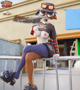 anthro breasts choker clothed clothing clothing_pull female footwear hat headgear headwear jewelry looking_away necklace outside partially_clothed paws relaxing shoes solo teasing teasing_viewer thighs_together shachath3d epic_games fortnite meow_skulls domestic_cat felid feline felis mammal absurd_res hi_res