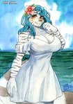 anthro big_breasts blue_hair breasts cleavage clothed clothing cloud detailed_background female fur hair markings solo striped_body striped_fur stripes tail water white_body white_fur murazaki felid mammal pantherine tiger absurd_res hi_res traditional_media_(artwork)