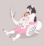 anthro big_breasts black_hair black_stripes blonde_hair blue_eyes breasts claws cuddling duo ear_piercing female flower fur furgonomics furry-specific_piercing gem hair horn nipple_piercing nipples piercing pink_body pink_fur plant red_eyes stripes tail tail_piercing thick_thighs white_body white_skin kina_heijima mythology roketchu canid canine canis dragon fish hybrid mammal marine mythological_creature mythological_scalie scalie shark wolf absurd_res hi_res