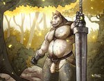 2024 anthro arm_hair armor armpit_hair balls belly belly_hair belt belt_buckle biceps big_sword body_hair butt canid canine canis chaps charley_(pibbnchips) chest_hair clothed clothing deltoids domestic_dog ear_piercing exposed facial_hair flaccid forearm_hair forearms foreskin gauntlets genitals gloves goatee hairy handwear happy_trail hi_res holding_melee_weapon holding_object holding_sword holding_weapon humanoid_genitalia humanoid_penis leg_hair light looking_at_viewer male mammal manly mature_male melee_weapon musclegut muscular muscular_legs mustache navel nipple_piercing nipples outside pecs penis pibbnchips piercing pit_bull plant pubes rock rooinks shoulder_hair shrub slightly_chubby solo standing stubble sunlight sword topless topless_male tree triceps vein veiny_penis weapon