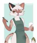 anthro barista bodily_fluids cum femboy fur genital_fluids green_eyes leaking_cum male one_eye_closed shy solo white_body white_fur vesperinox pasufani domestic_cat felid feline felis mammal hi_res