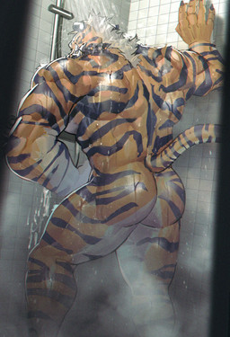 anthro barazoku bathing big_arms black_stripes bodily_fluids bubble_butt butt cum cum_on_wall fur genital_fluids kemono male muscular muscular_anthro muscular_male nude nude_anthro nude_male orange_body orange_fur rear_view shower solo striped_body striped_fur stripes tail white_body white_fur neumokun felid mammal pantherine tiger hi_res