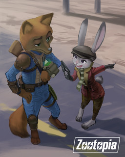 3_toes 4_fingers anthro barefoot belt belt_pouch bodysuit bottomwear brown_body brown_fur clothed clothing day duo feet female fingerless_gloves fingers flat_cap fully_clothed fur gesture gloves green_eyes grey_body grey_fur gun hand_gesture hand_on_hip handgun handwear hat headgear headwear holding_gun holding_object holding_ranged_weapon holding_weapon jacket long_ears looking_at_another male open_mouth outside pants parody pistol pointing purple_eyes ranged_weapon road scarf skinsuit standing tight_clothing toes topwear torn_clothing weapon jagdpanzer_38t disney fallout microsoft zootopia judy_hopps nick_wilde canid canine fox lagomorph leporid mammal rabbit red_fox true_fox 2016 4:5 hi_res