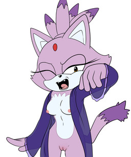 anthro areola black_nose breasts clothed clothing dipstick_tail eyelashes female forehead_gem front_view fur gem genitals markings navel nightgown nipples one_eye_closed open_clothing open_mouth pink_areola pink_nipples purple_body purple_clothing purple_fur purple_nightgown simple_background solo tail tail_markings thick_thighs vulva white_background white_body white_fur wide_hips yawn cintra_(artist) sega sonic_the_hedgehog_(series) blaze_the_cat domestic_cat felid feline felis mammal hi_res