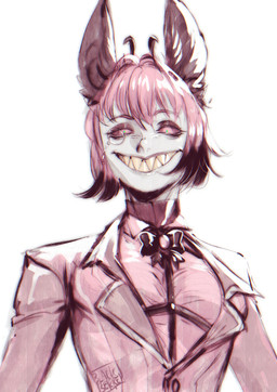 breasts clothed clothing crossgender female grin hair lips mtf_crossgender red_hair sharp_teeth shirt simple_background smile solo teeth topwear blackberreh hazbin_hotel hellaverse alastor_(hazbin_hotel) animal_humanoid deer deer_humanoid demon demon_humanoid humanoid mammal mammal_humanoid absurd_res digital_media_(artwork) hi_res