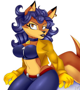 anthro black_lips blue_bottomwear blue_clothing blue_hair blue_pants bottomwear breasts brown_body brown_eyes brown_fur cleavage clothed clothing collar collar_tag crop_top cropped_jacket dipstick_ears ear_markings ear_piercing ear_ring female fur gloves hair handwear heart_nose heart_symbol jacket lips midriff multicolored_ears navel pants piercing police_badge ring_piercing shirt simple_background sitting solo topwear white_background yellow_clothing yellow_gloves yellow_handwear yellow_jacket_(clothing) yellow_topwear zipper blue-the-unknown sly_cooper_(series) sony_corporation sony_interactive_entertainment sucker_punch_productions carmelita_fox canid canine fox mammal 2015 hi_res portrait three-quarter_portrait